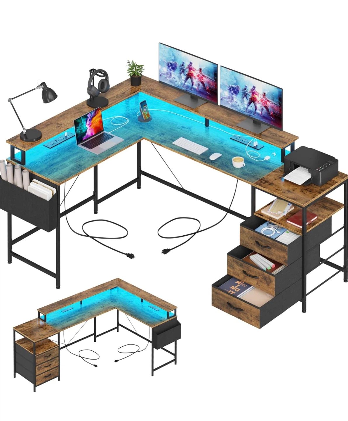 L-Shaped Computer Desk with Fabric Drawers and Monitor Shelf - photo 2