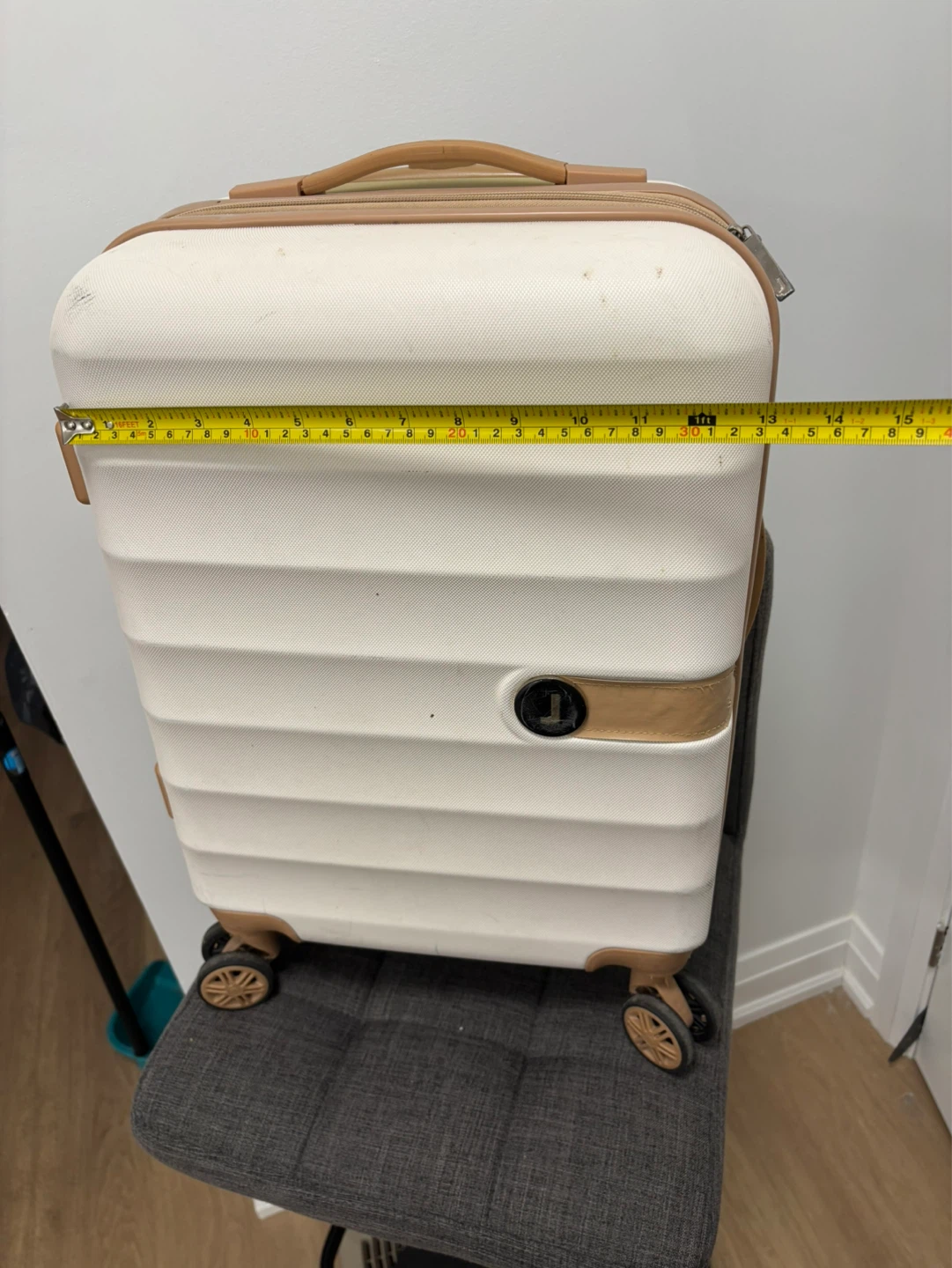 White Hardshell Carry-On Suitcase with Tan Accents