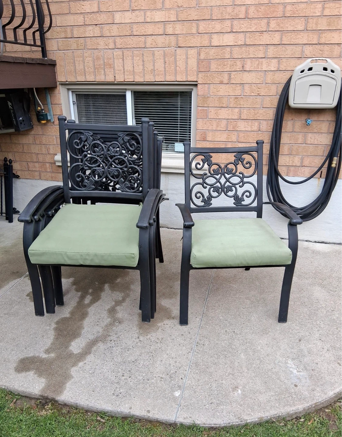 Set of 2 Black Metal Patio Chairs with Green Cushions
