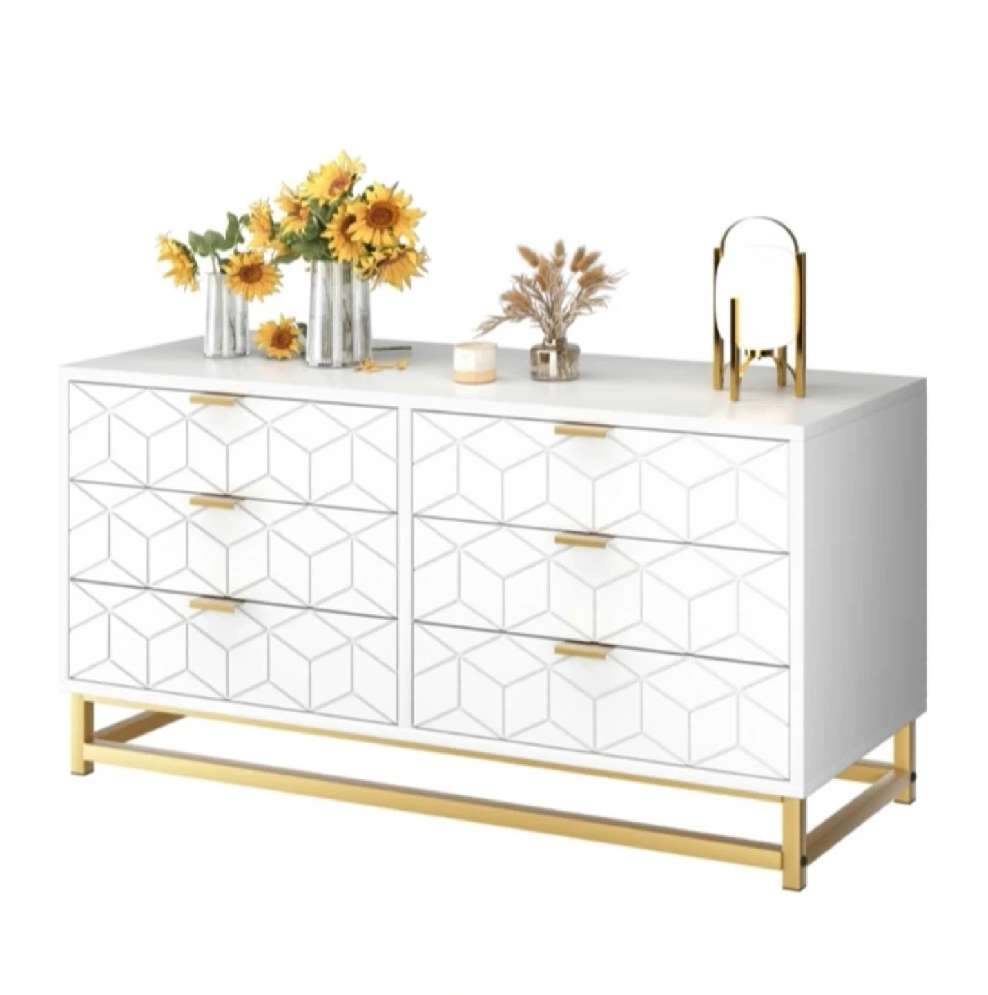 White 6-Drawer Dresser with Gold Legs