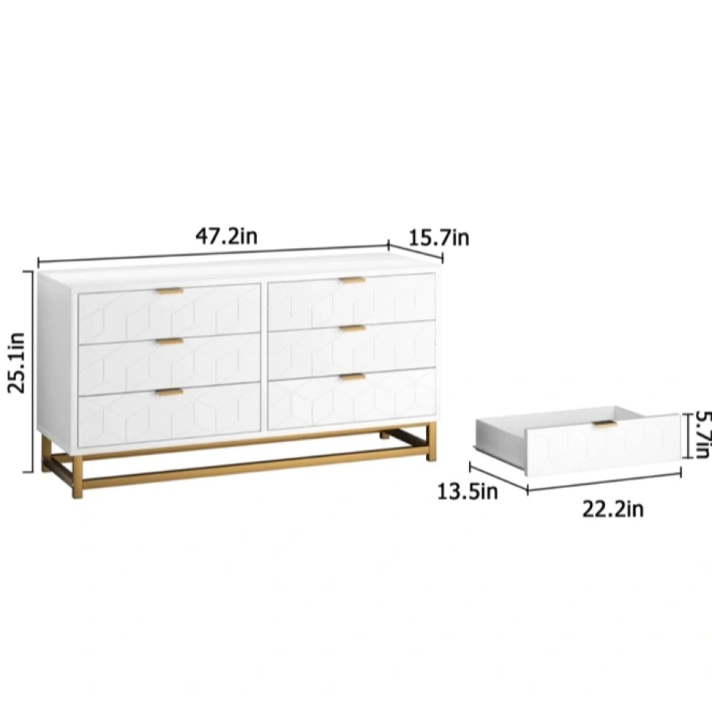 White 6-Drawer Dresser with Gold Legs - photo 2