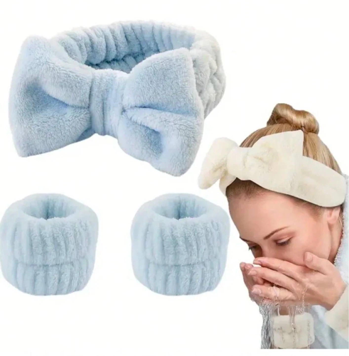 Bow bath headband and wristband set blue