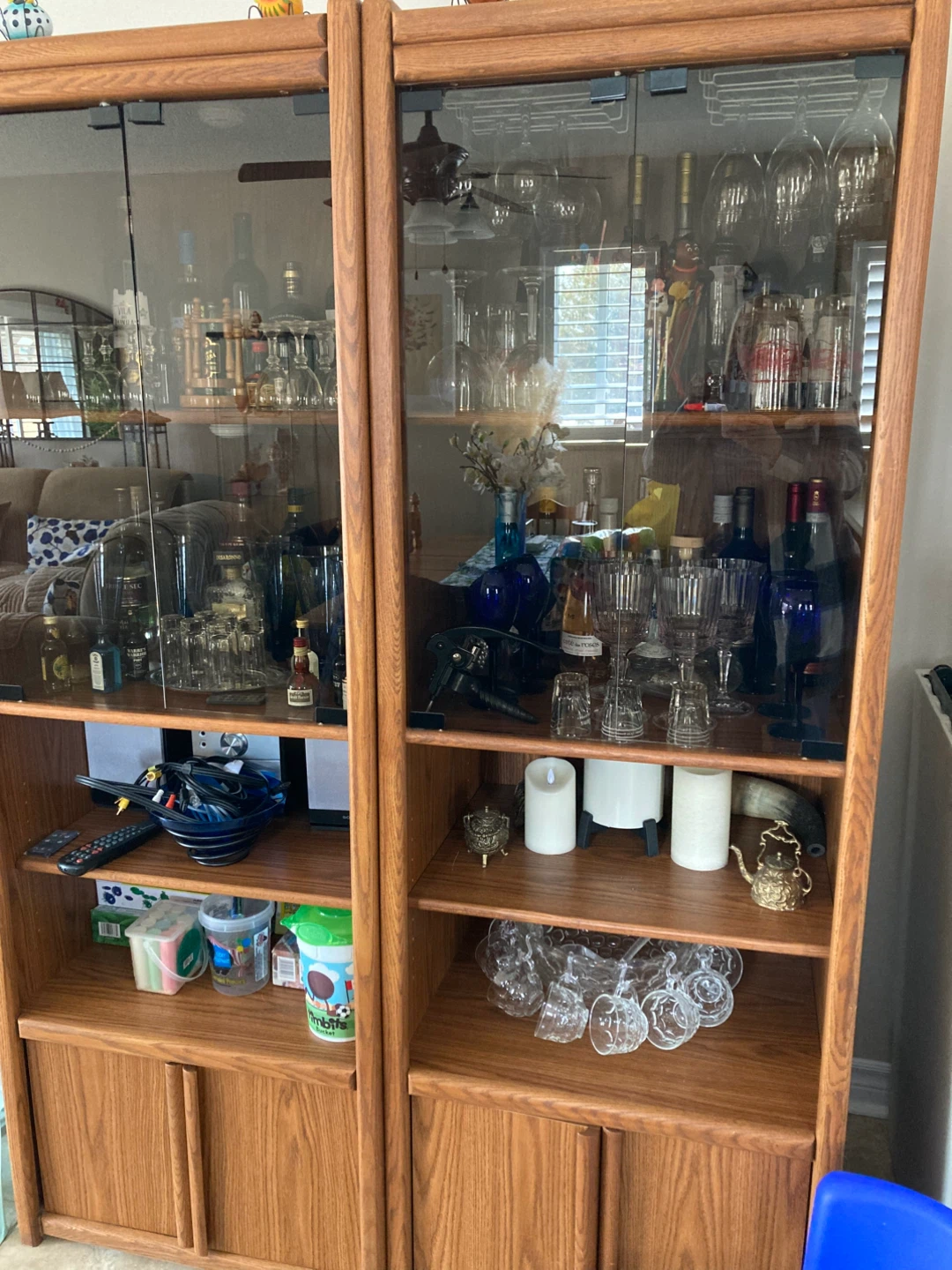 Oak Wood Bar Cabinet with Glass Doors