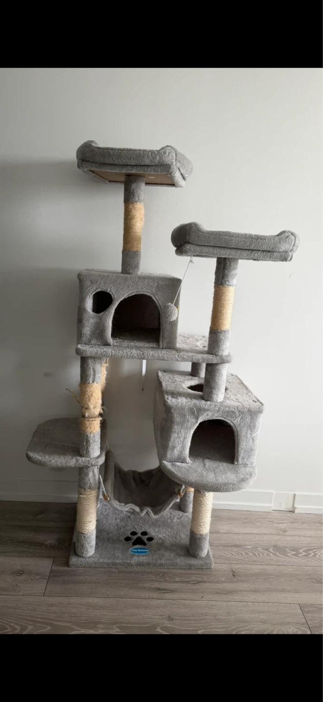 Grey Cat Tree with Hammock and Scratching Posts
