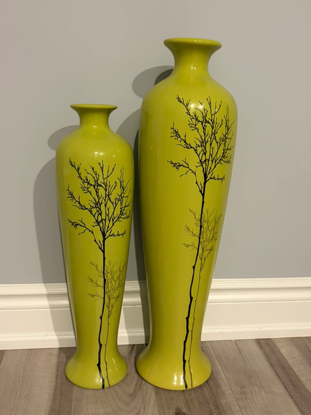 Set of 2 Tall Green Vases with Tree Design