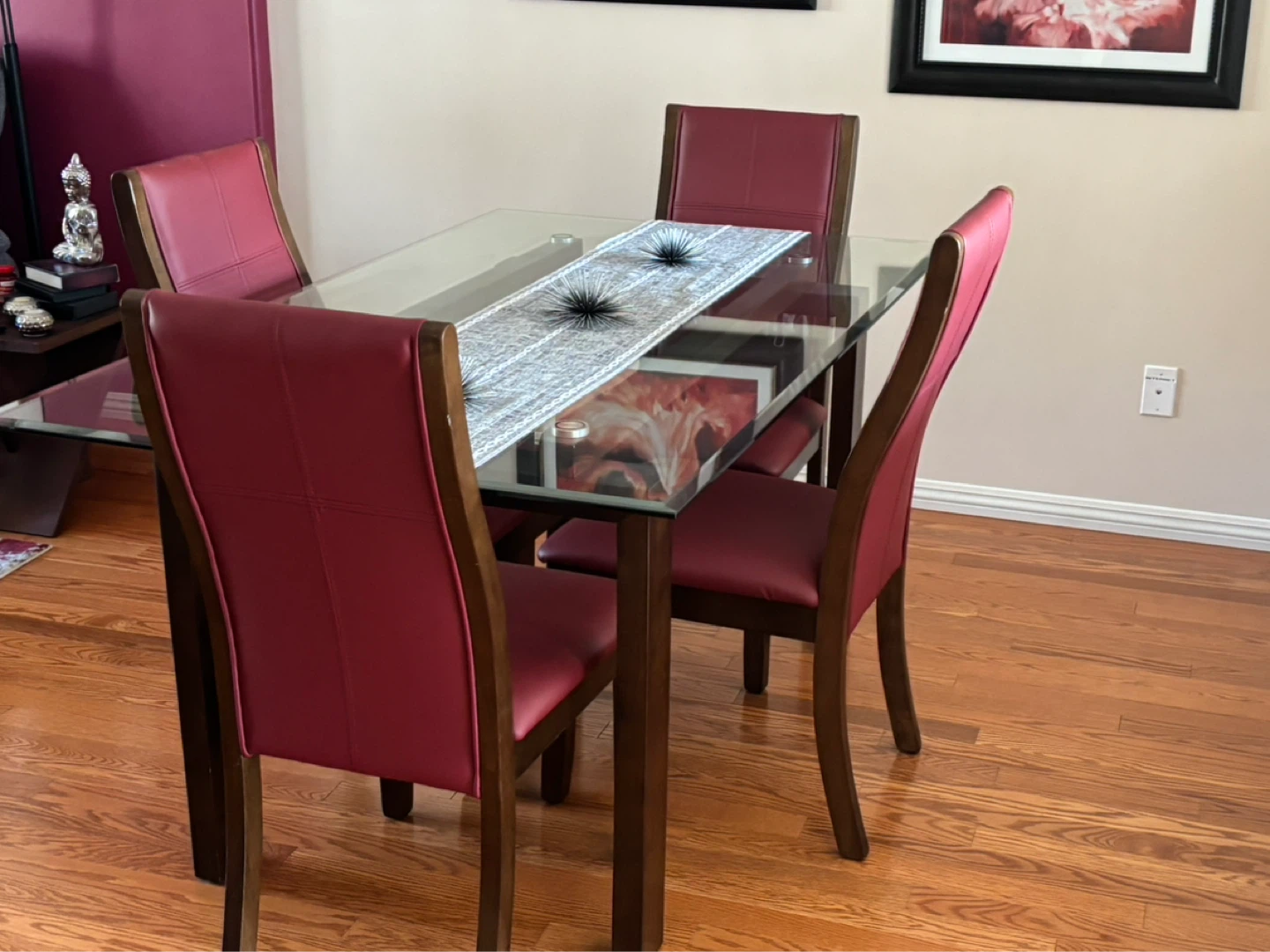 Glass Top Dining Table with 6 Red Chairs