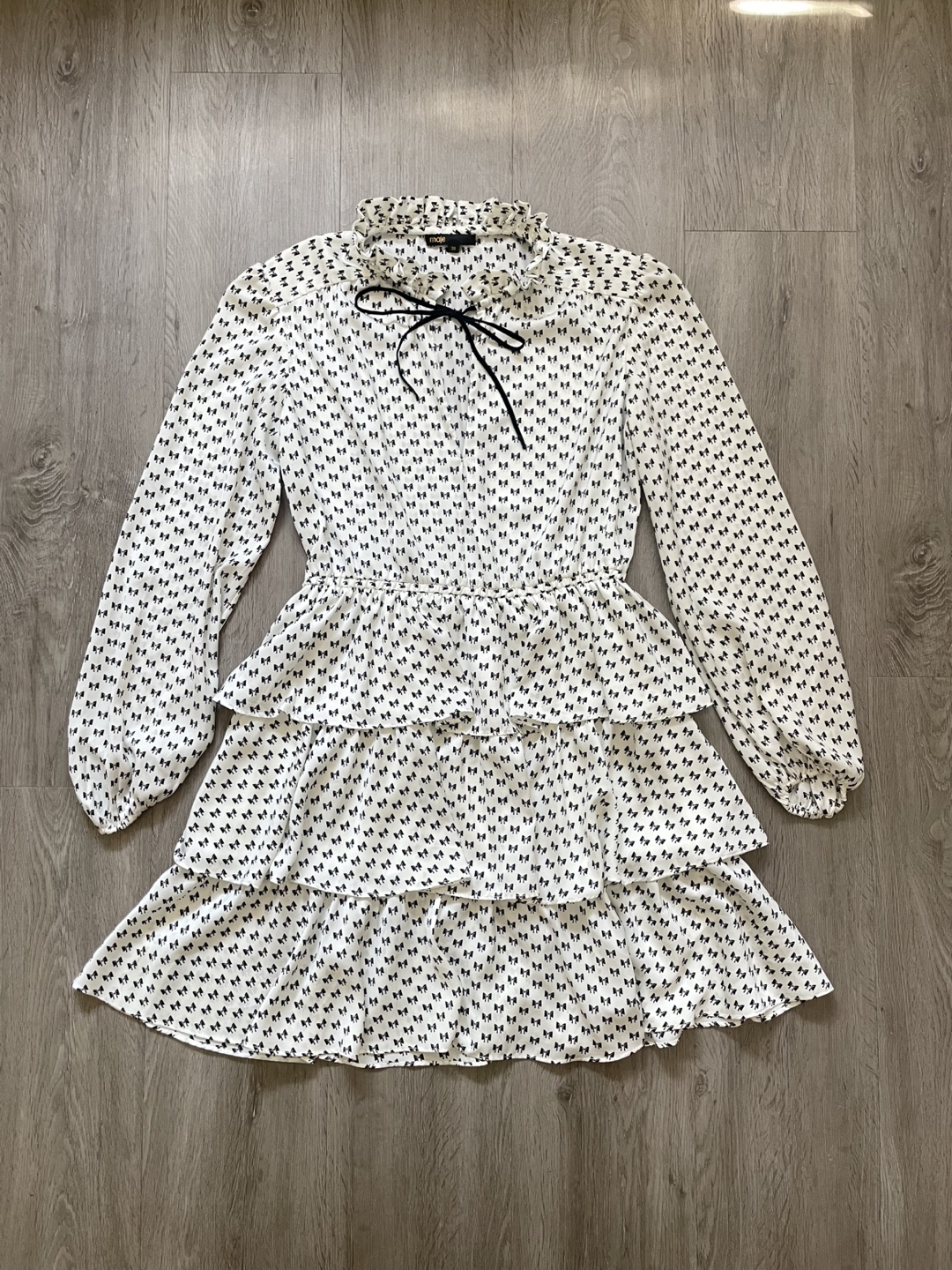 Maje Tiered Ruffle Dress with Bow Print, size 38