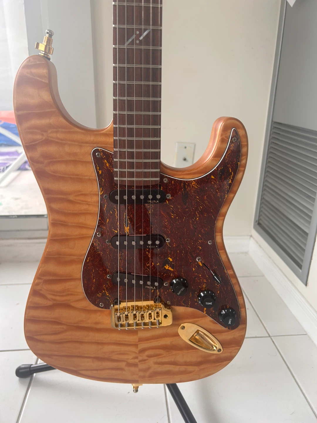 Dots on Neck Electric Guitar - Natural Flame Top