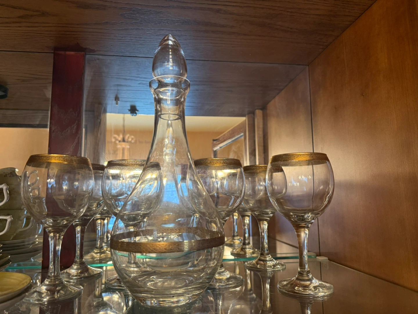 Glass Decanter and Wine Glasses Set with Gold Trim