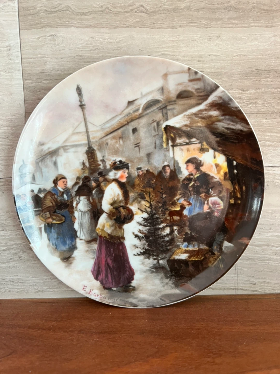 Decorative Plate with Winter Market Scene by E. Barbazon
