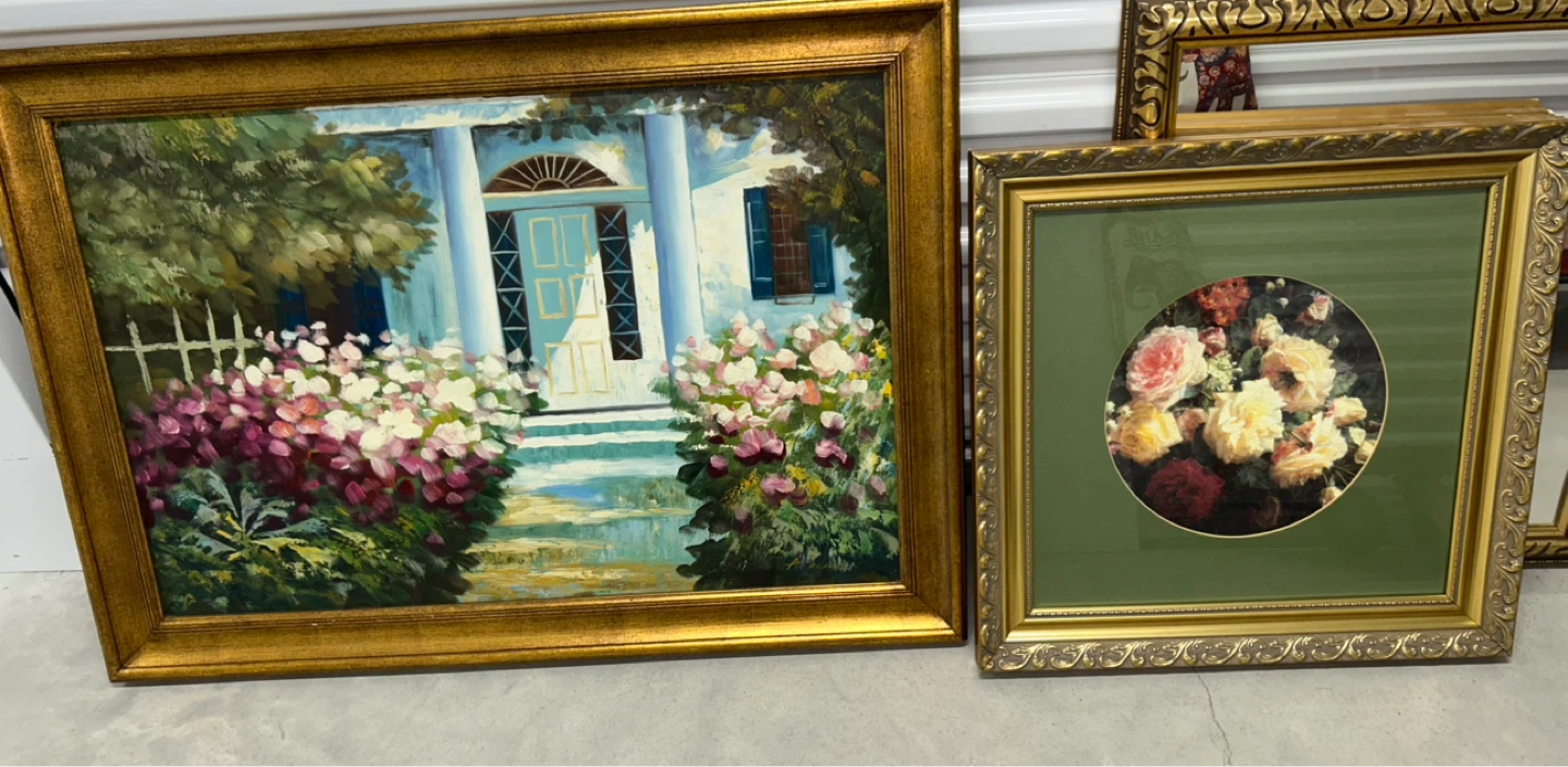 Framed Paintings: Garden Scene and Floral Arrangement
