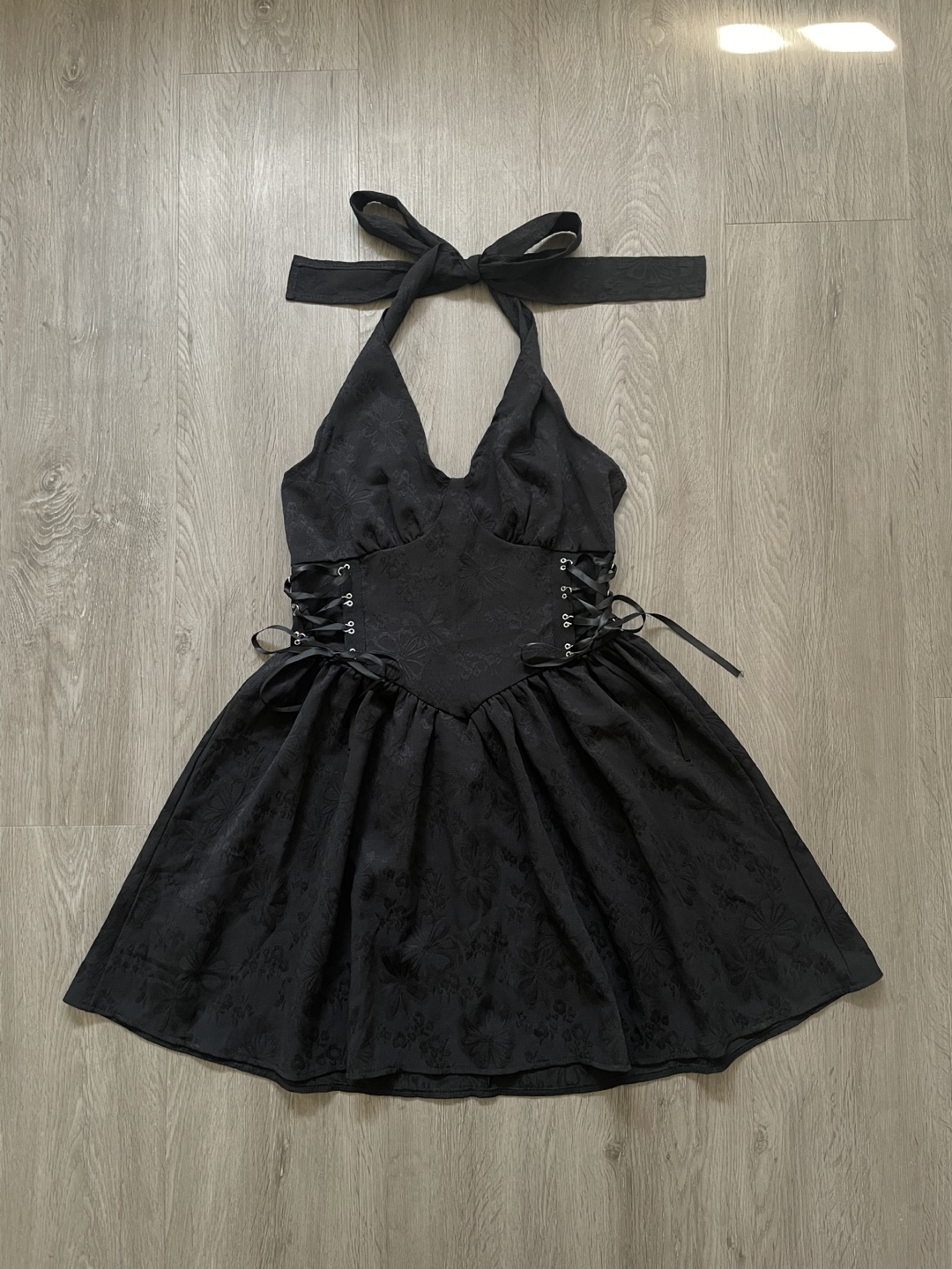 Black Jacquard Corset Halter Dress, size S