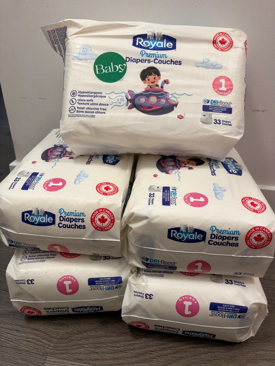 Royale Premium Baby Diapers Size 1 (33 Count) - 5 Packs