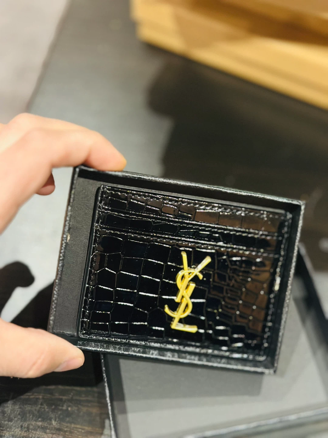 Saint Laurent Black Croc Embossed Patent Leather Card Holder - photo 4