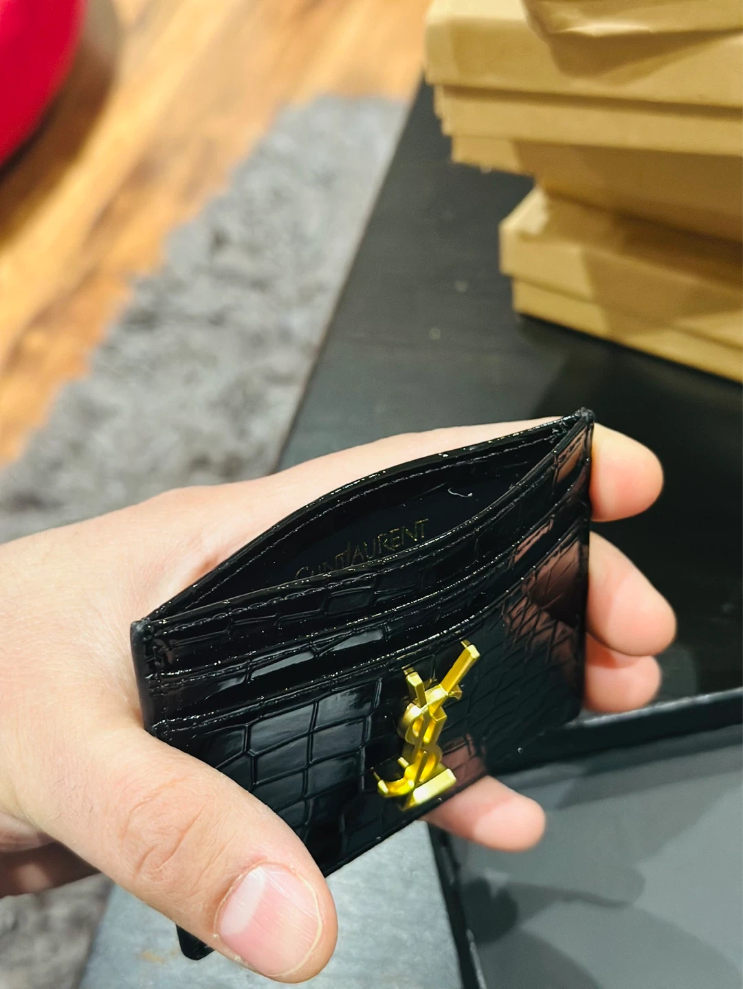 Saint Laurent Black Croc Embossed Patent Leather Card Holder - photo 3