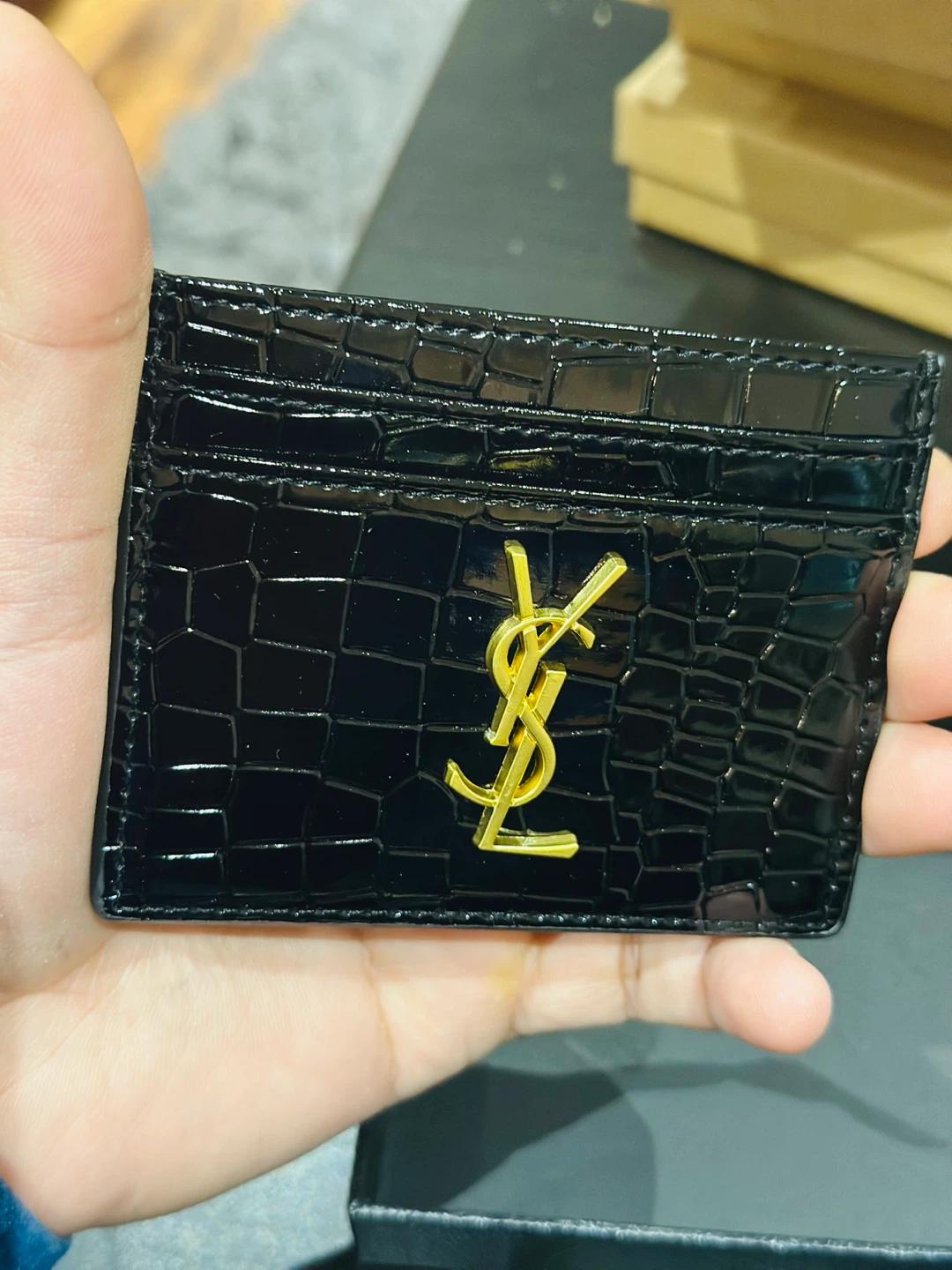 Saint Laurent Black Croc Embossed Patent Leather Card Holder