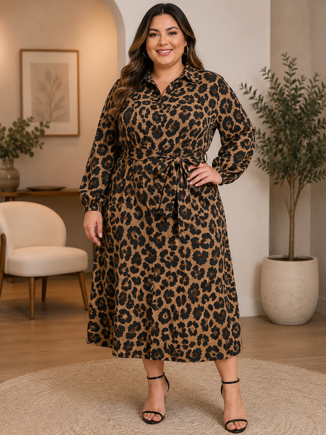 Women's Leopard Print Button-Up Midi Dress