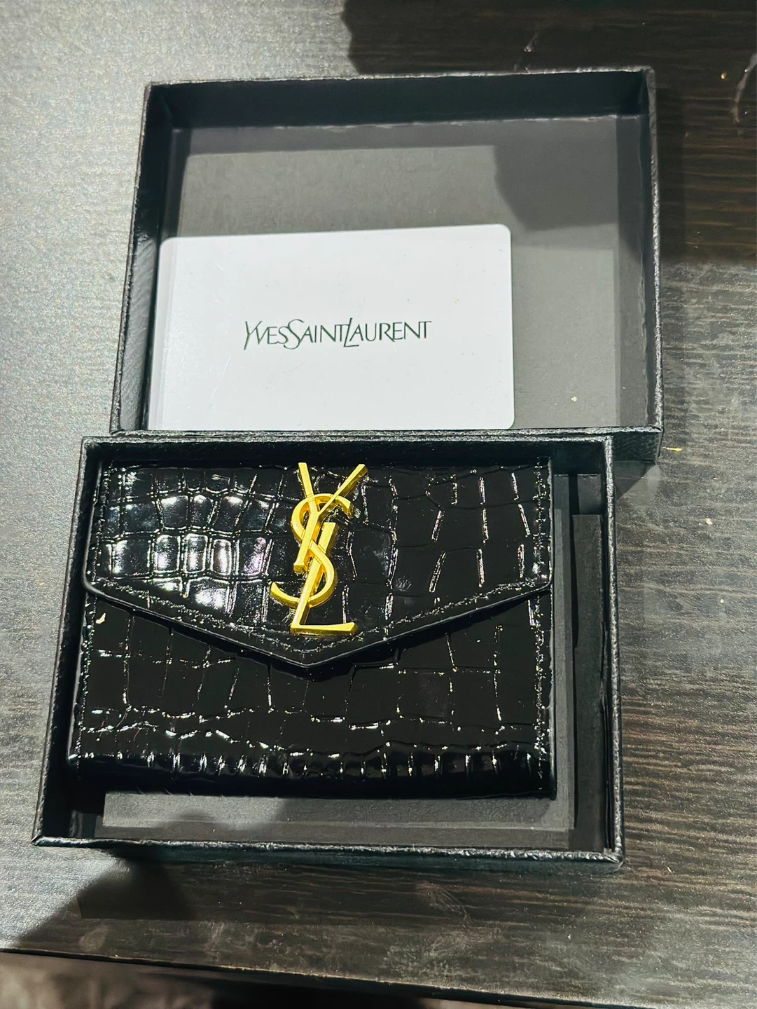 Yves Saint Laurent Black Patent Crocodile Card Holder