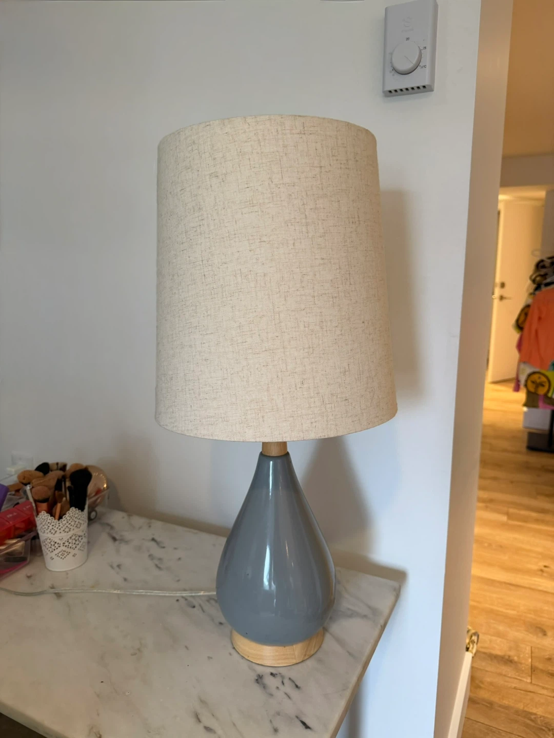 Gray Ceramic Table Lamp with Linen Shade - photo 2