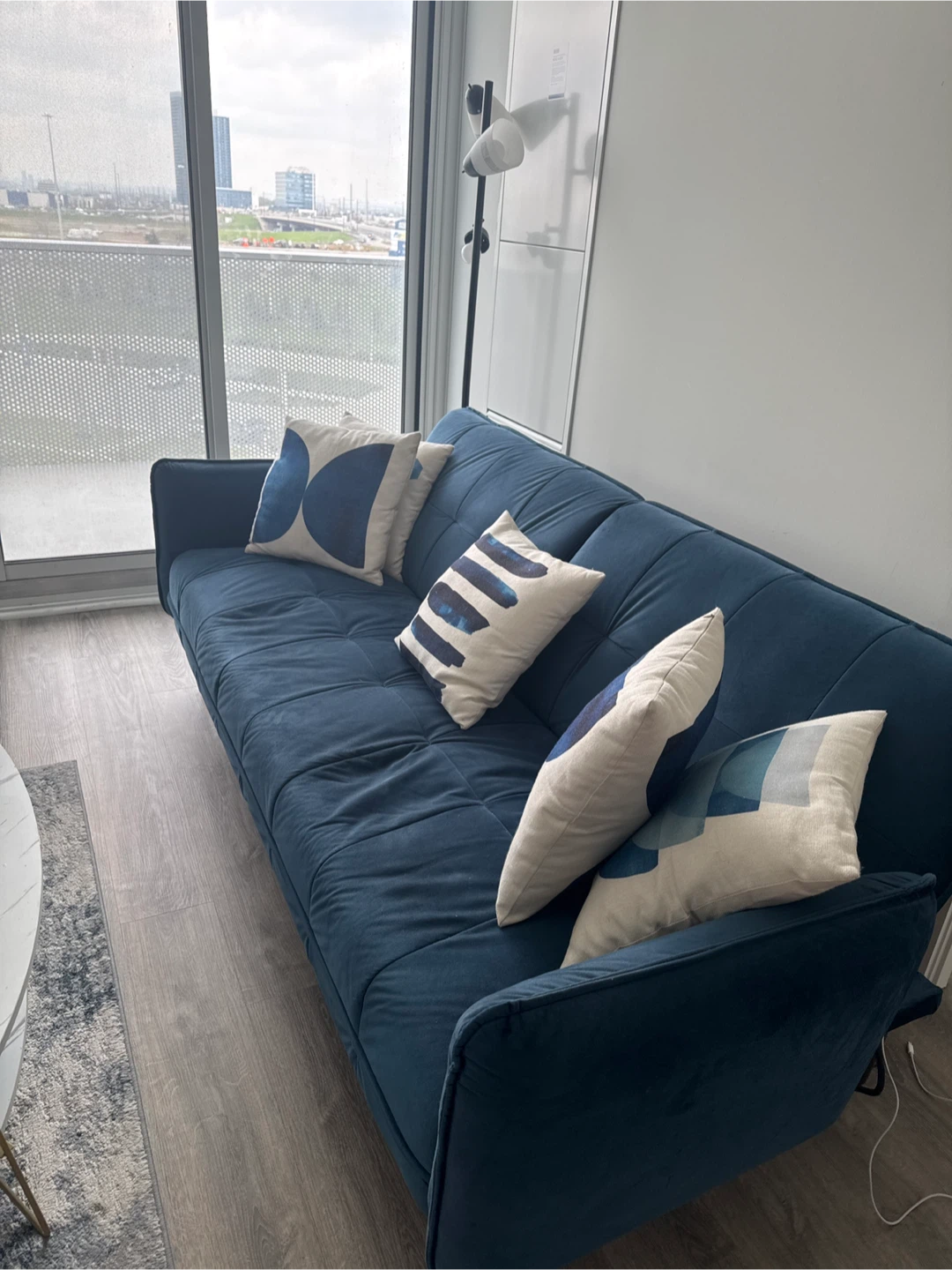 Deep Blue Tufted Sofa with Decorative Pillows - photo 2