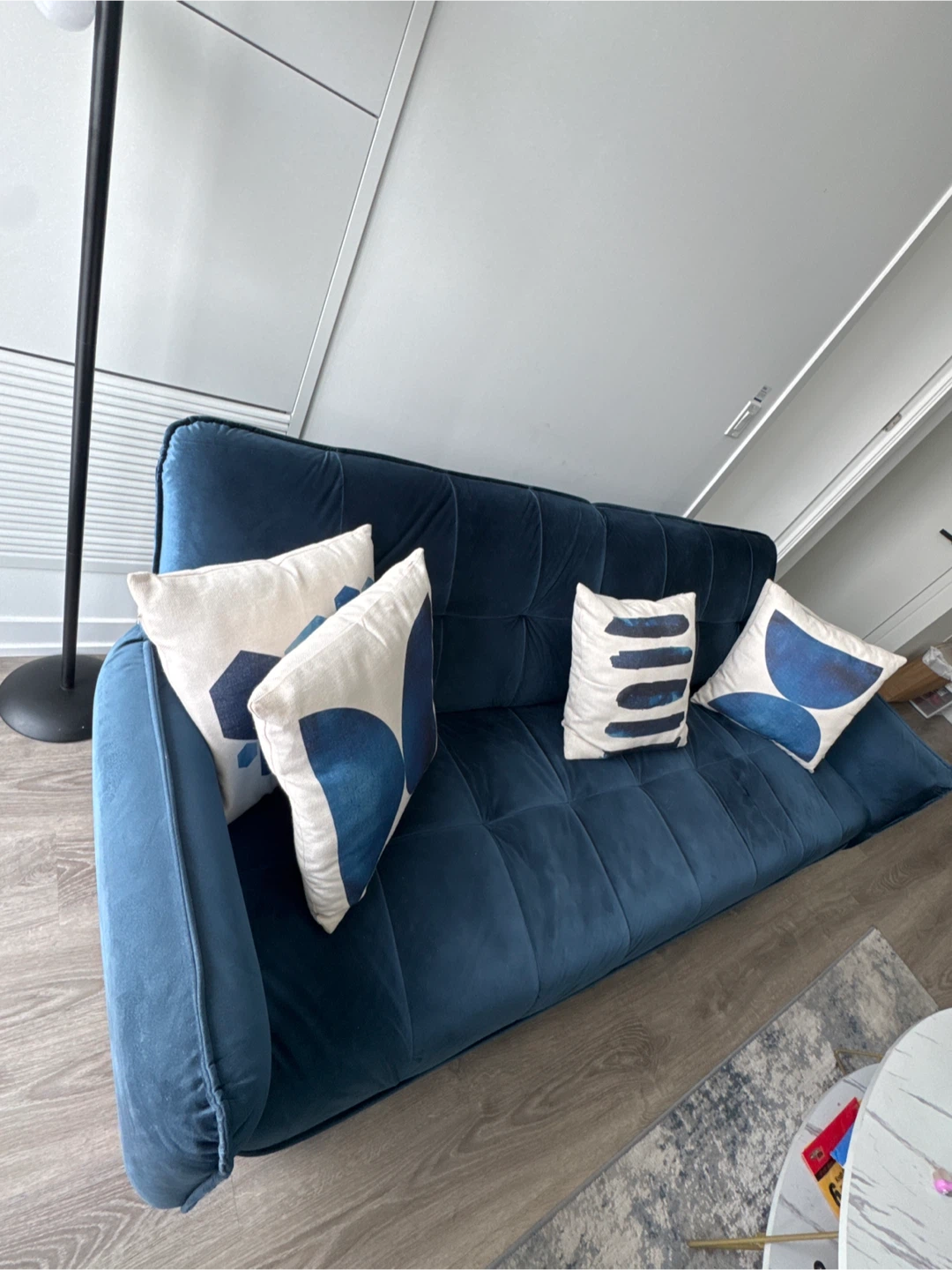 Deep Blue Tufted Sofa with Decorative Pillows - photo 3