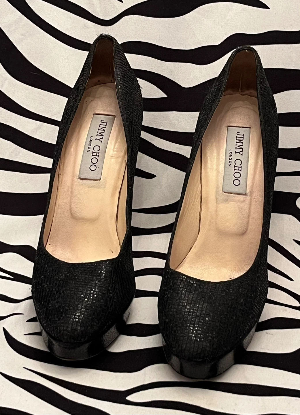🖤 Jimmy Choo Black Glitter Platform Heels Size 39 - photo 2