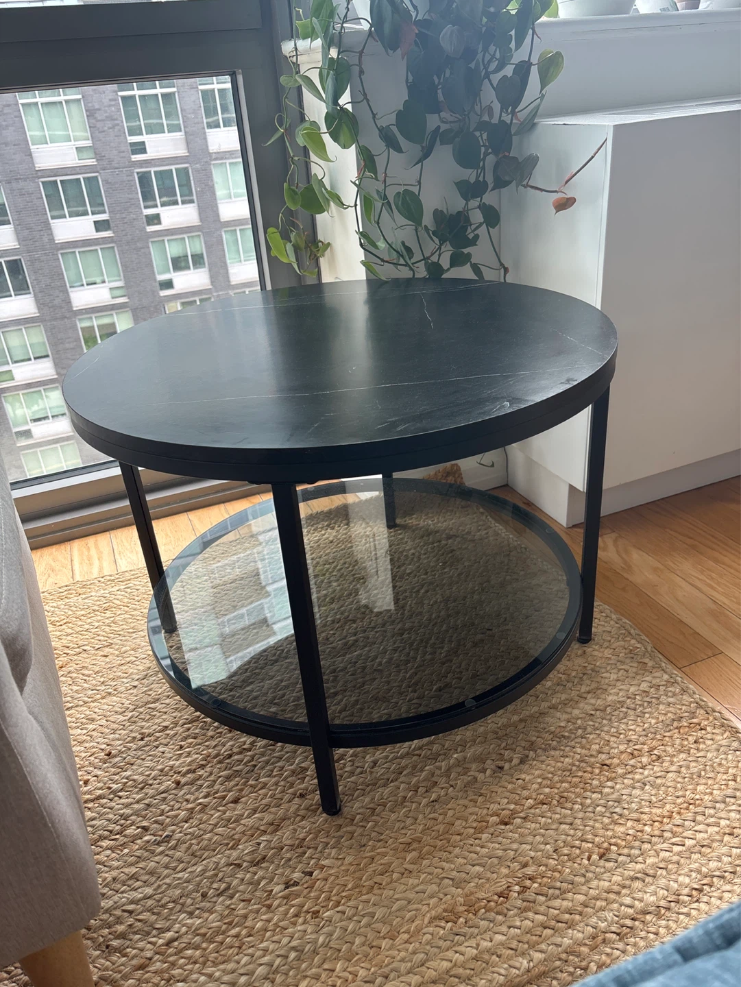 Round Marble Top End Table with Glass Shelf