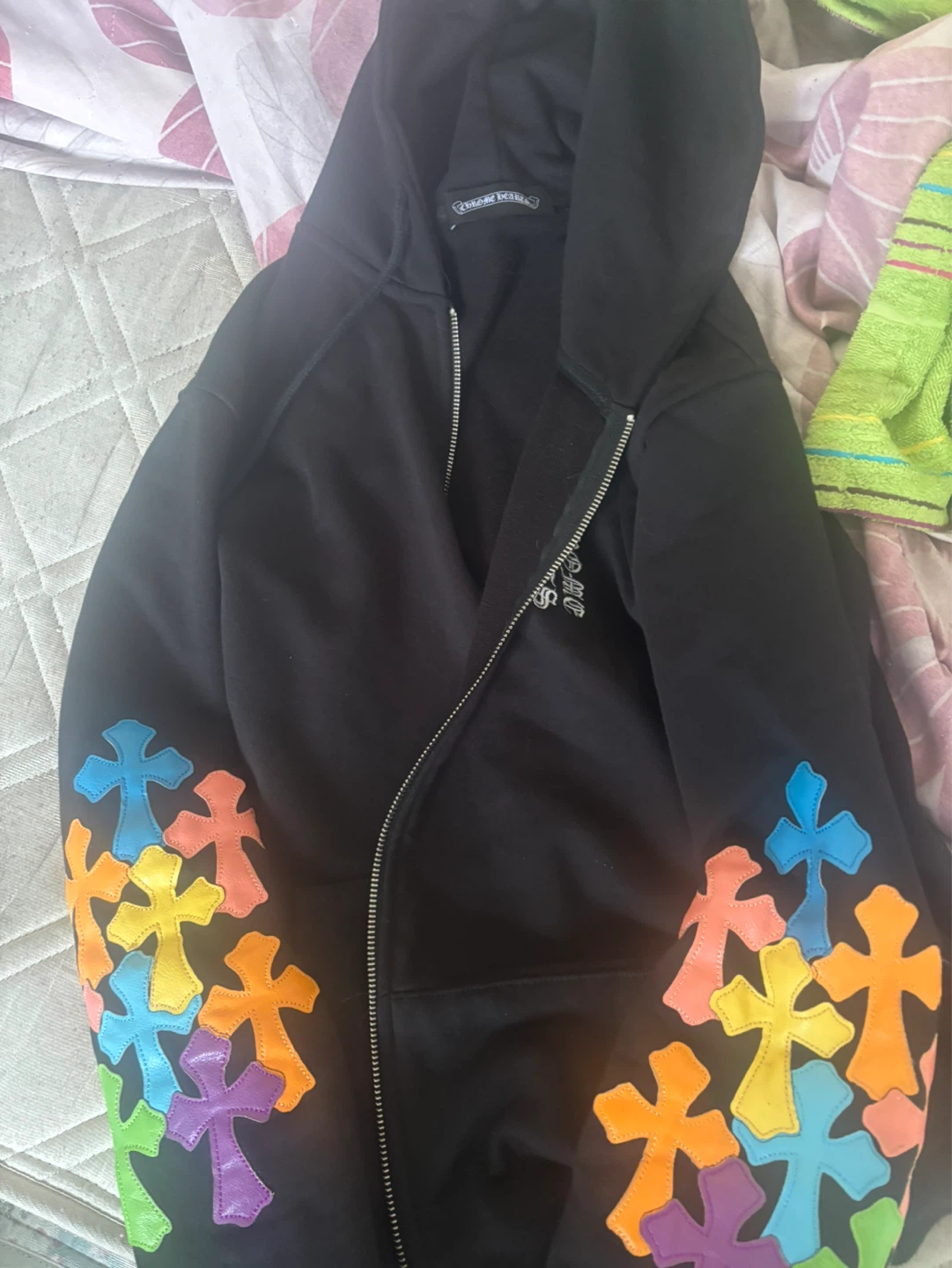Chrome Hearts Black Zip-Up Hoodie with Multicolor Crosses - photo 4