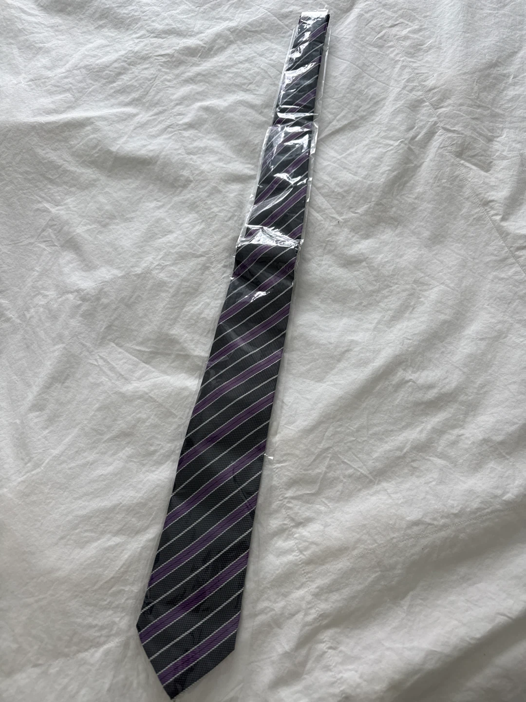 Striped Tie - Grey, Purple, and White