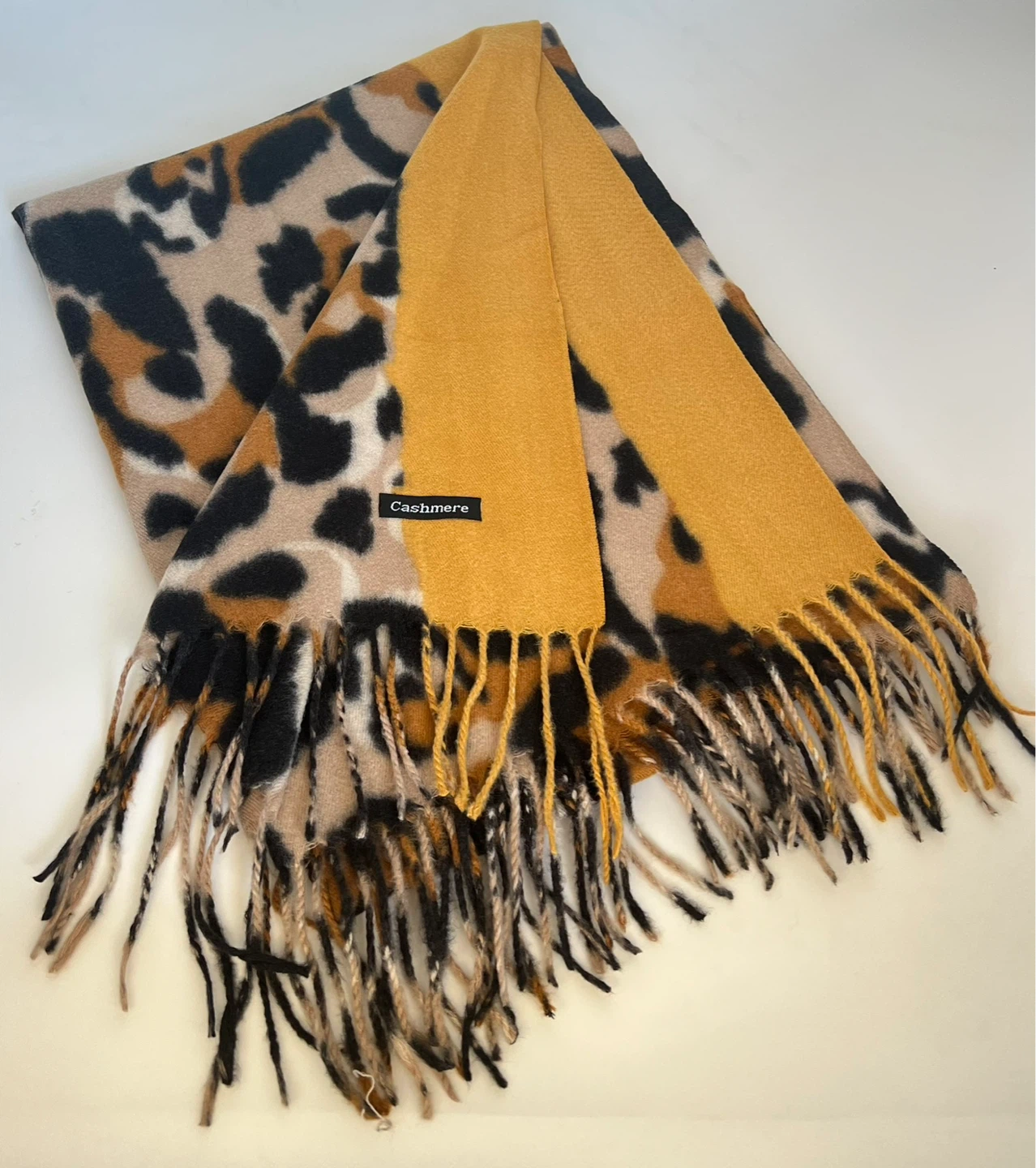 Leopard Print Cashmere Blend Scarf - Mustard Yellow - photo 4