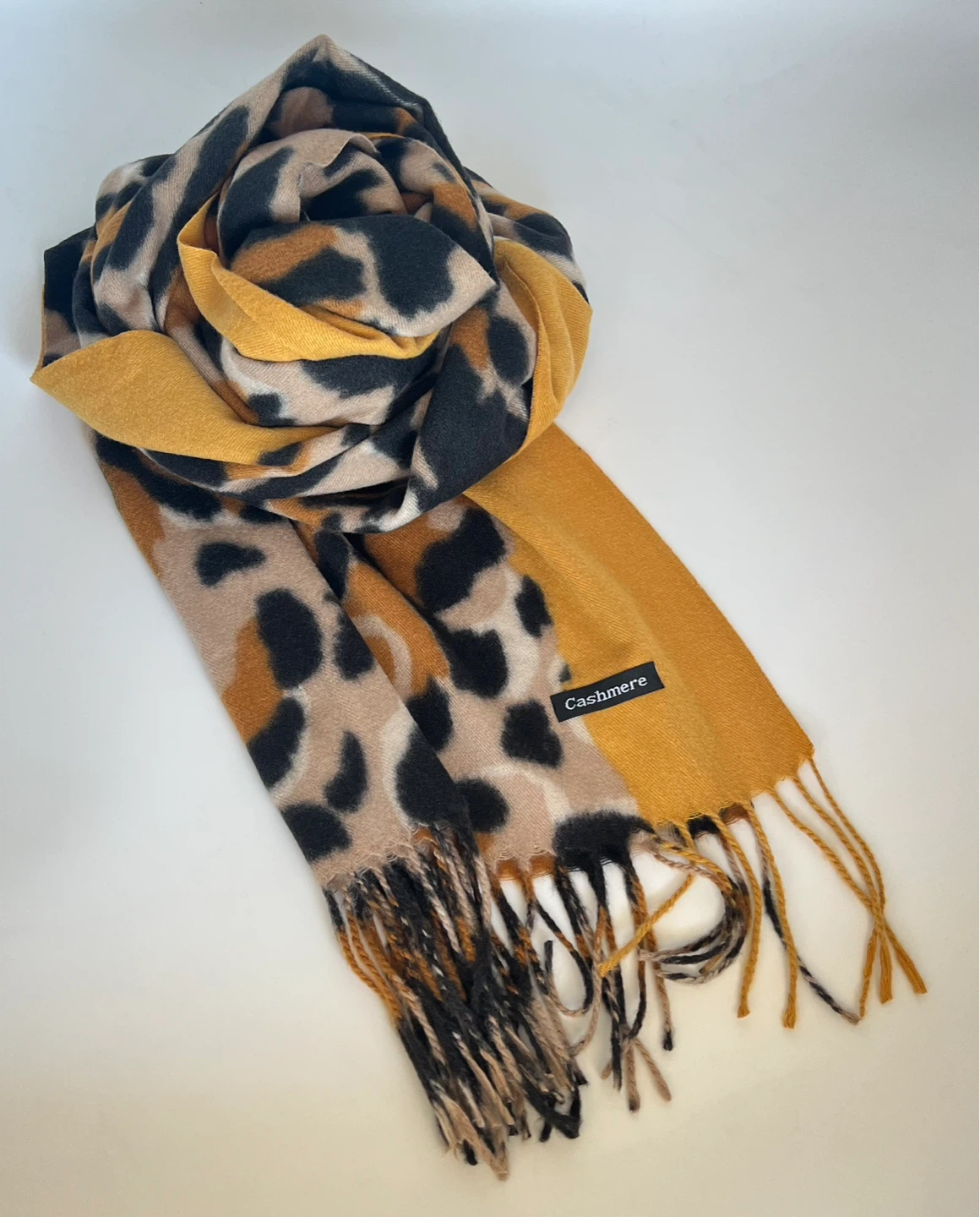 Leopard Print Cashmere Blend Scarf - Mustard Yellow - photo 2