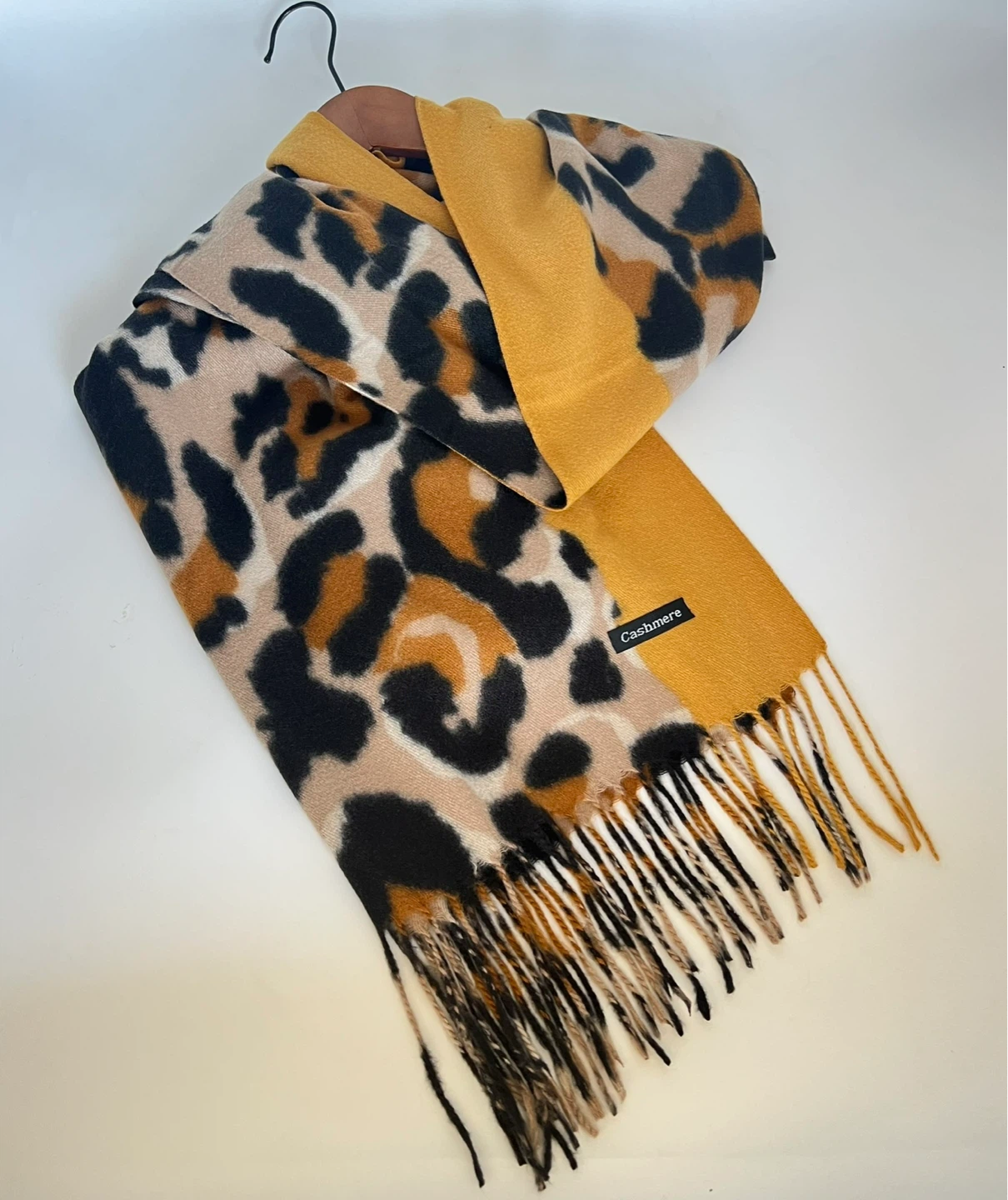 Leopard Print Cashmere Blend Scarf - Mustard Yellow - photo 3