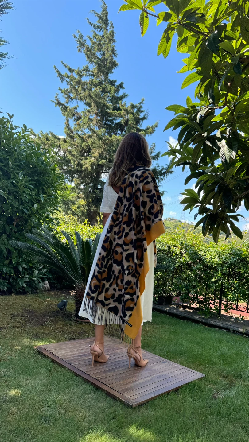 Leopard Print Cashmere Blend Scarf - Mustard Yellow
