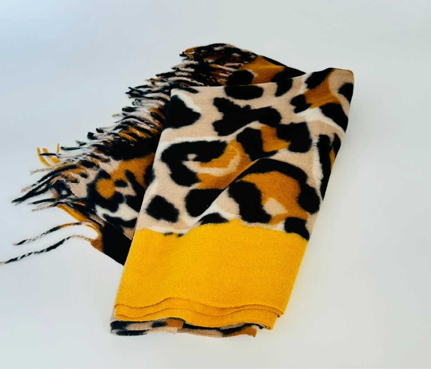 Leopard Print Cashmere Blend Scarf - Mustard Yellow - photo 5
