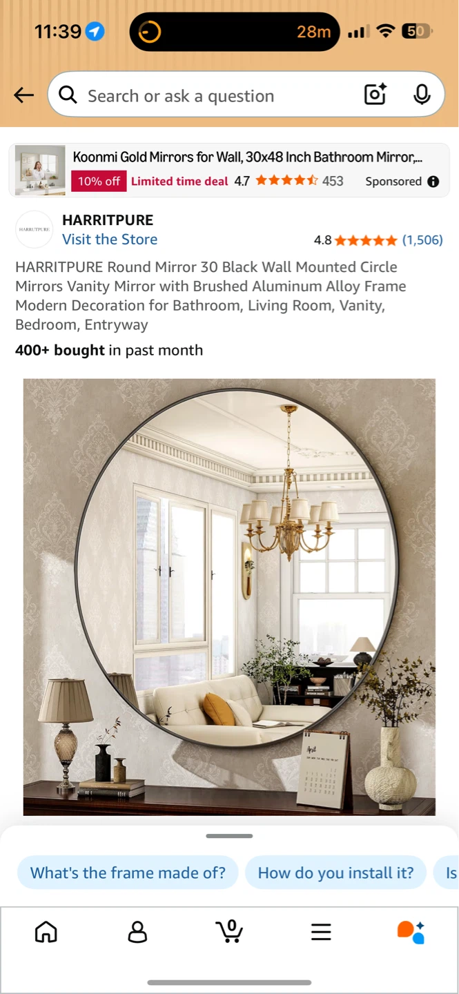 30" Round Black Wall Mirror