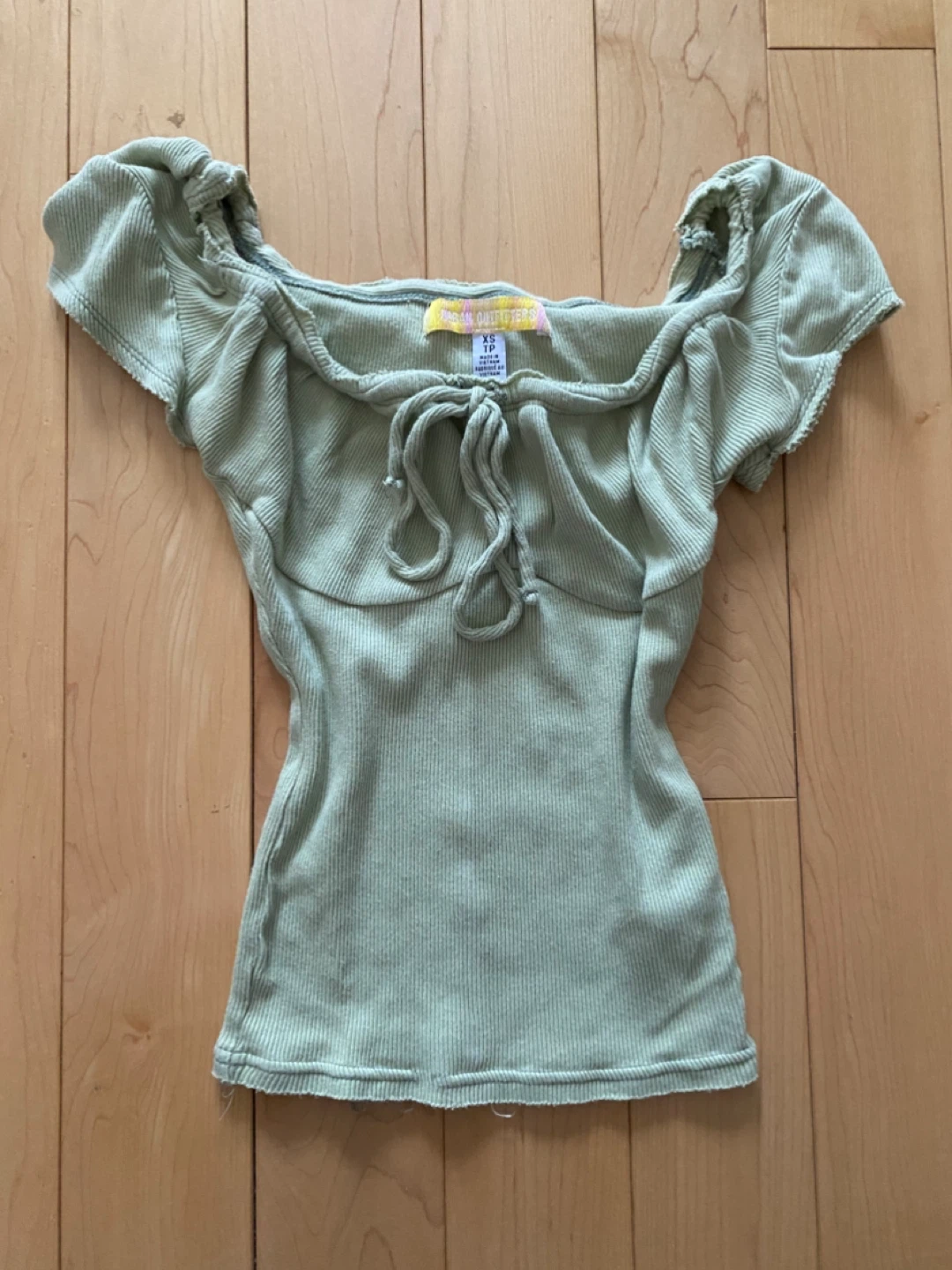Urban Outfitters Sage Green Ribbed Puff Sleeve Top