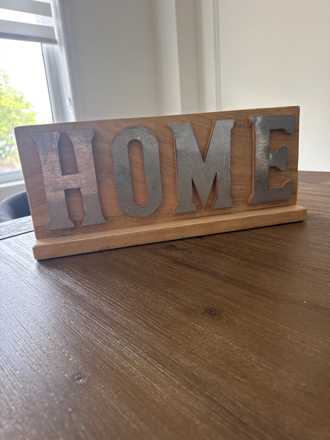 Wooden HOME sign with metal letters