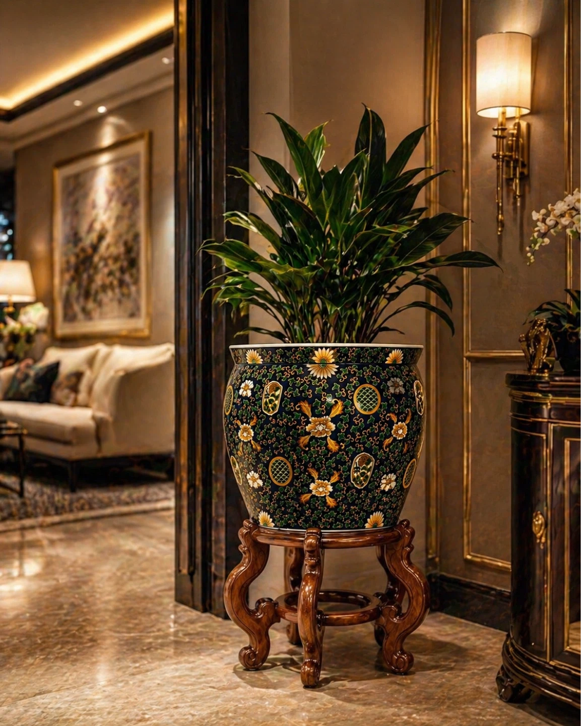 Large Decorative Ceramic Planter Pot with Wooden Stand