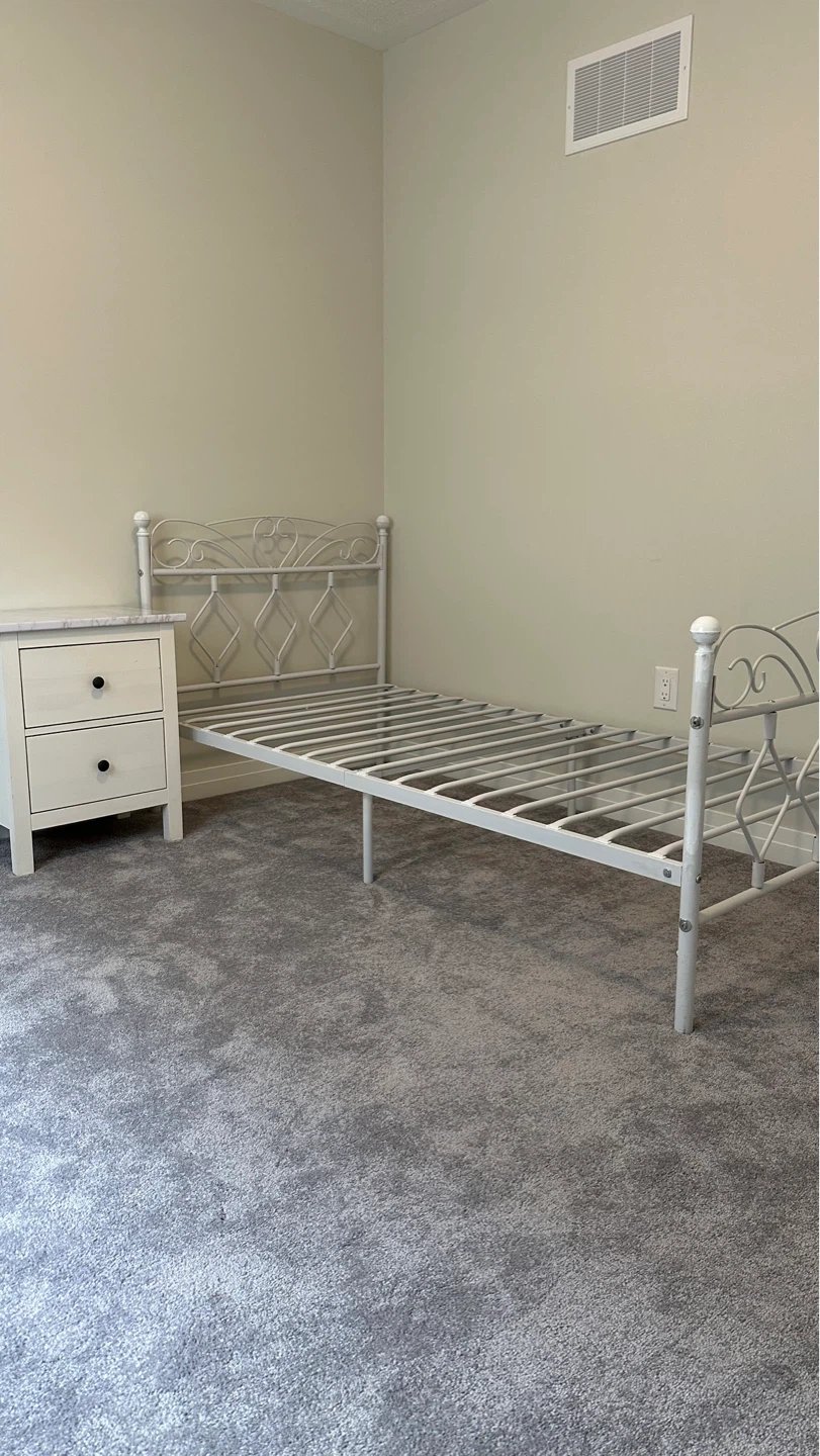 White Metal Twin Bed Frame with Nightstand