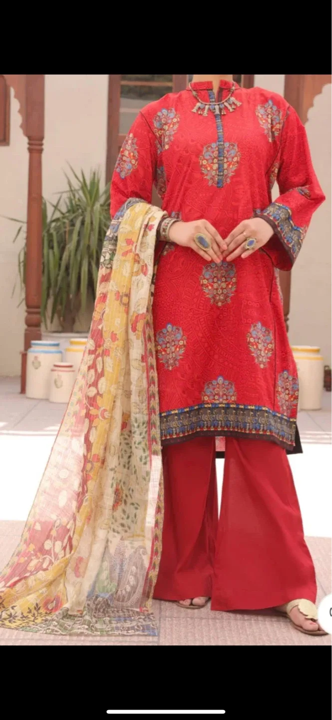 Red Floral Print Kurti with Pants and dupatta