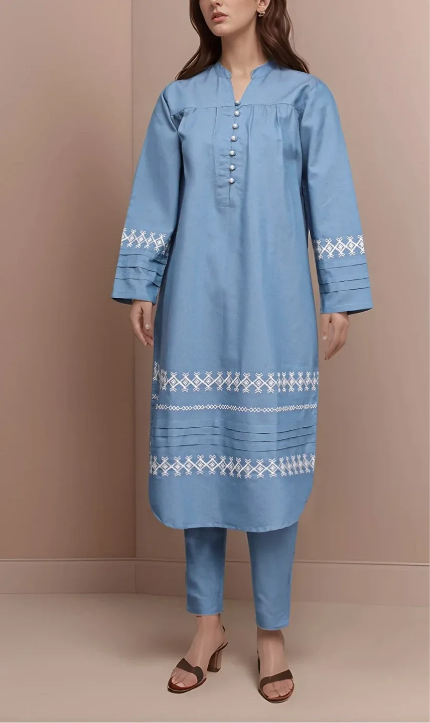 Light Blue denim Embroidered Kurti with Pants