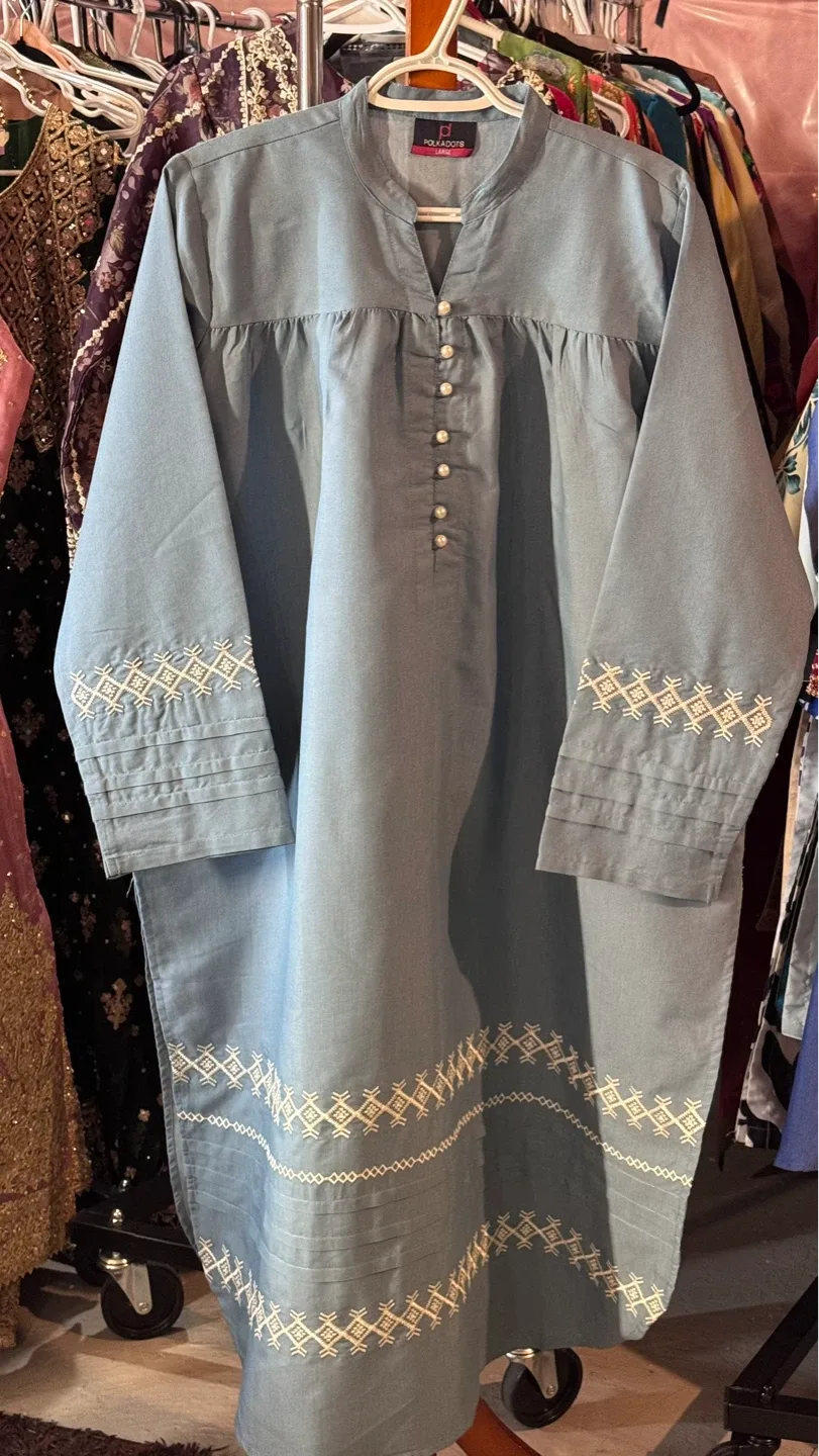 Light Blue denim Embroidered Kurti with Pants - photo 3