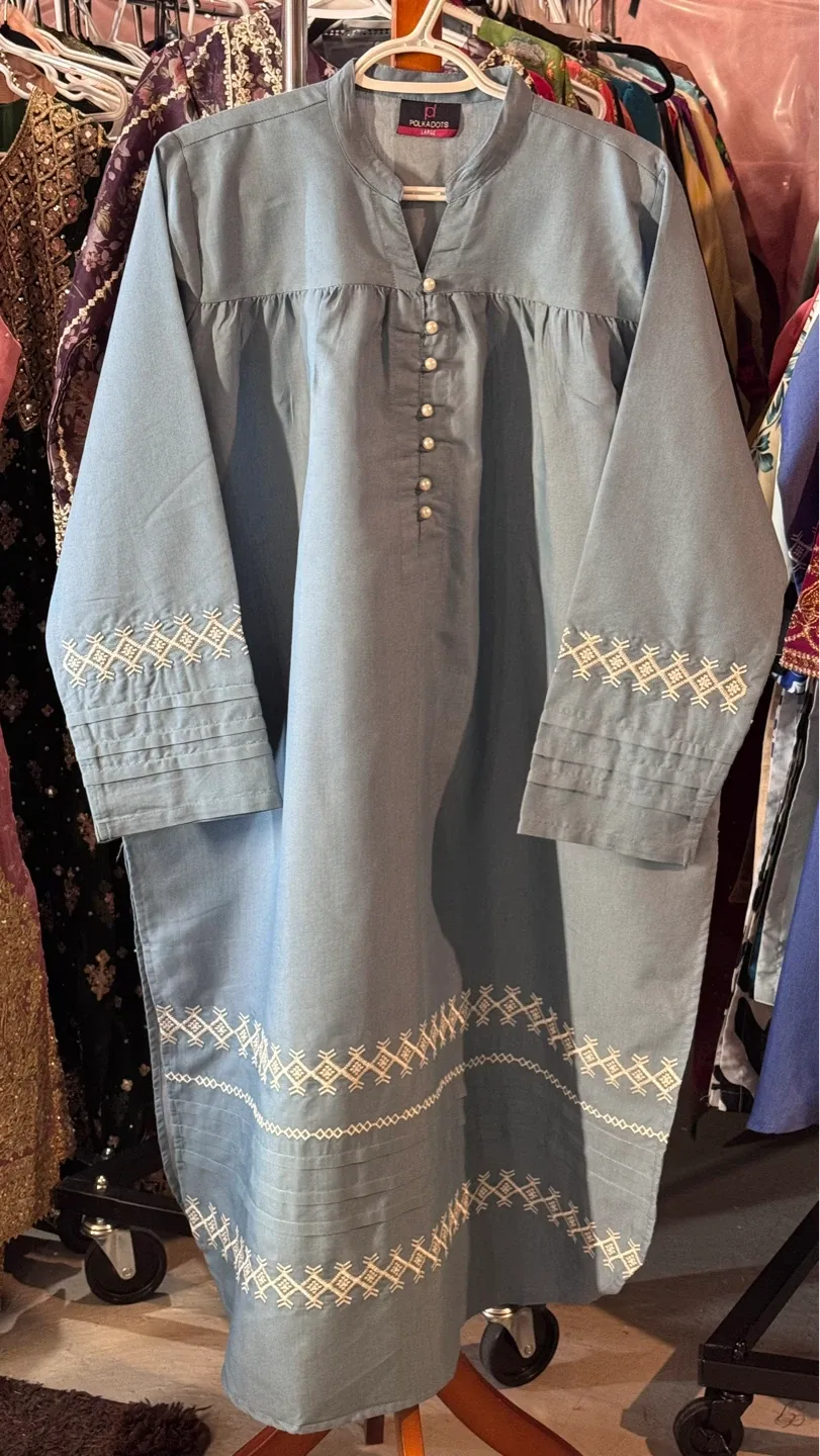 Light Blue denim Embroidered Kurti with Pants - photo 4