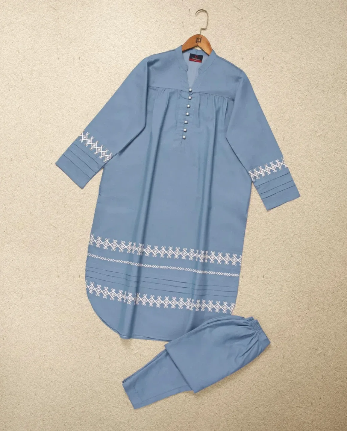 Light Blue denim Embroidered Kurti with Pants - photo 2