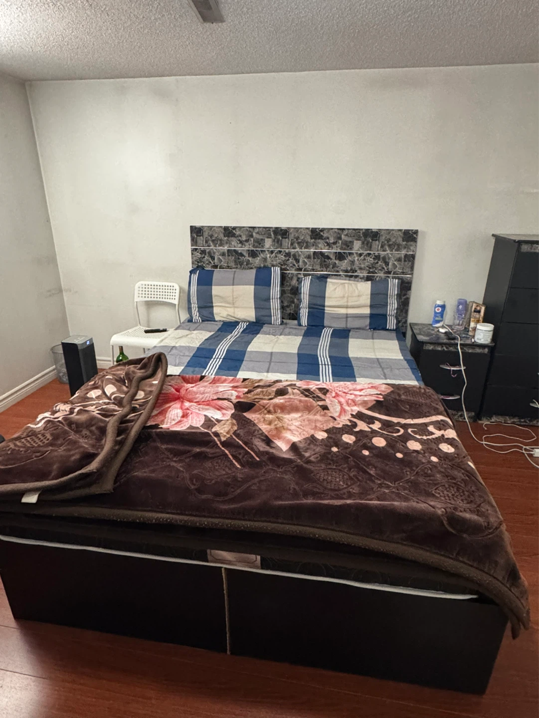 Queen Bed Frame with Drawers, night stand and mattress