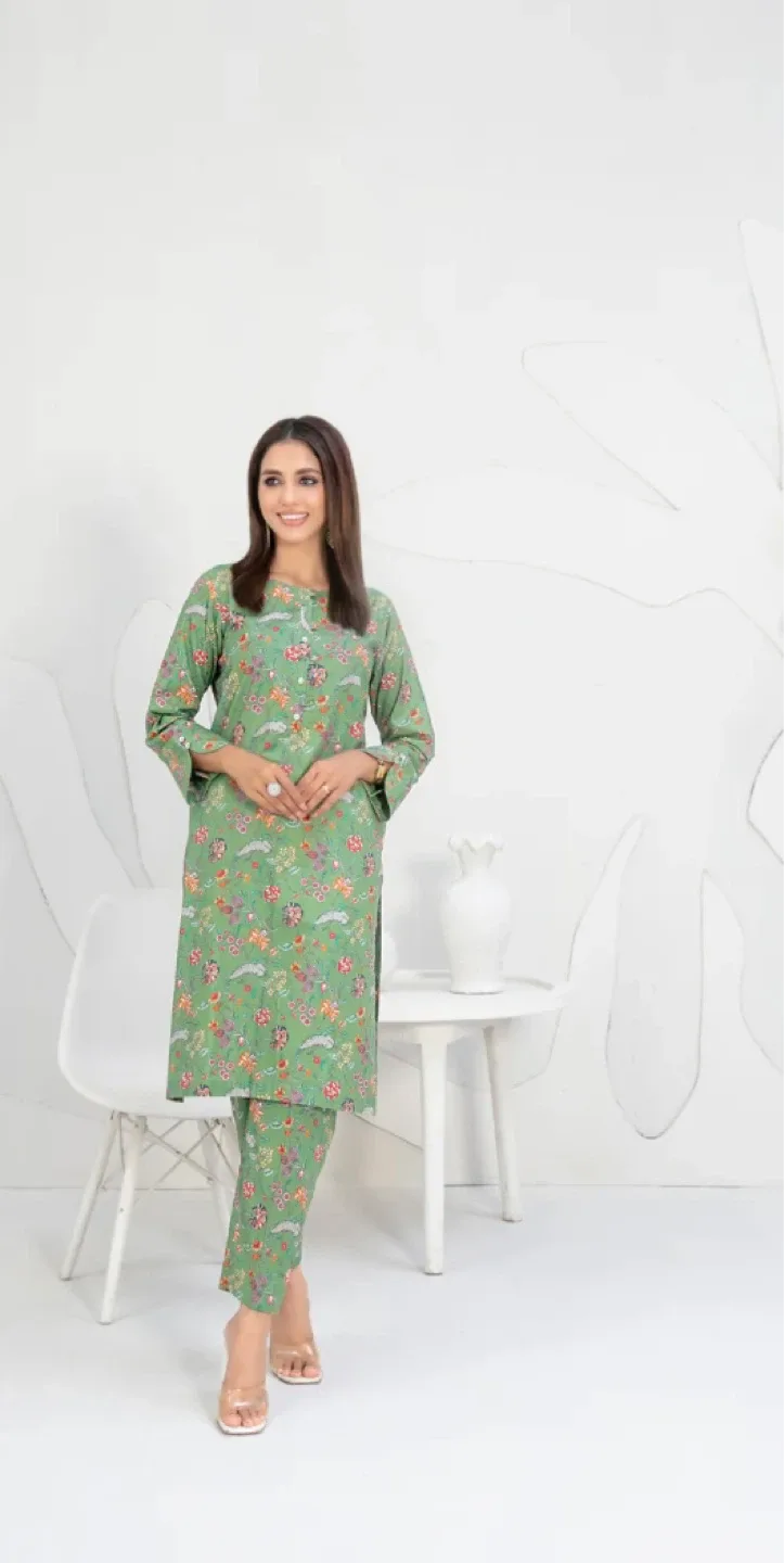 Green Floral Print Kurti and Pants Set