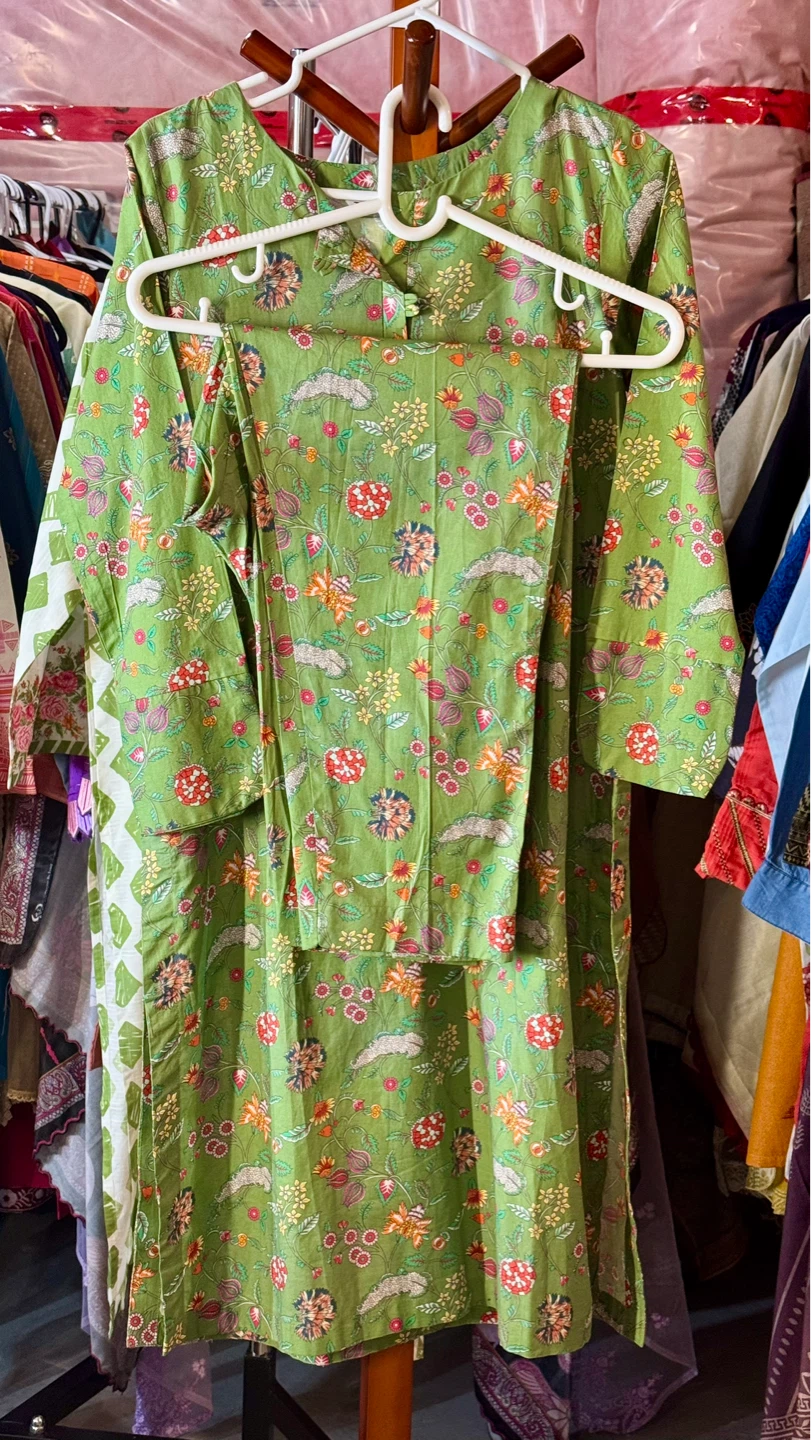 Green Floral Print Kurti and Pants Set - photo 5