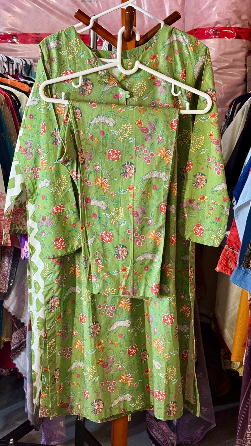 Green Floral Print Kurti and Pants Set - photo 5