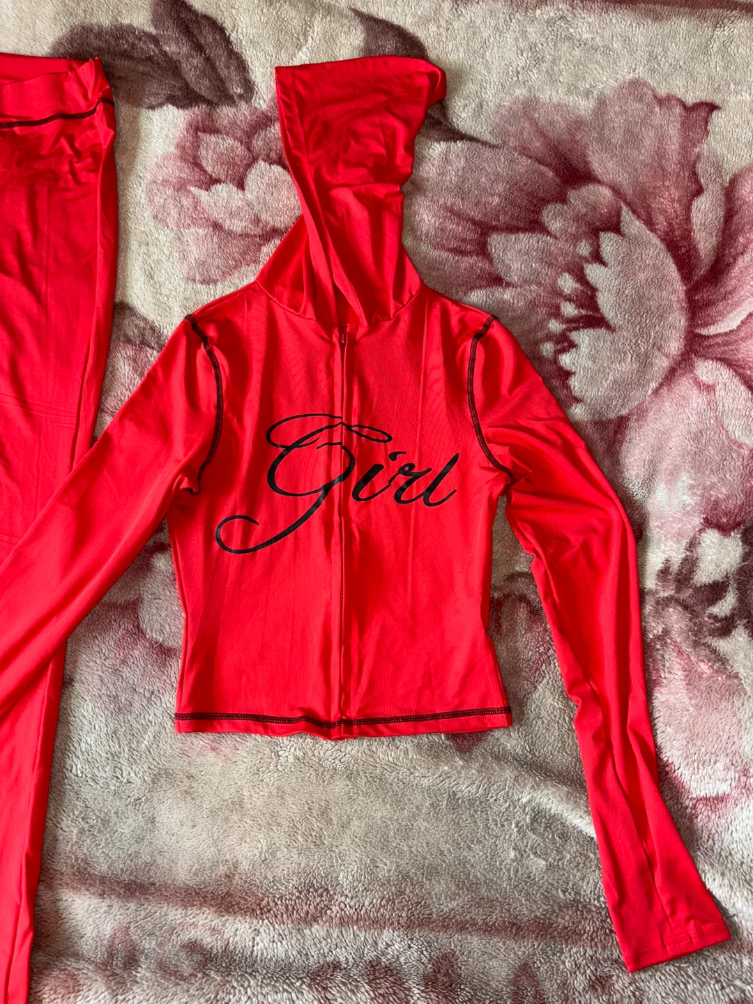 Red "Girl" Tracksuit Set - Hoodie & Bell Bottom Pants S - photo 2