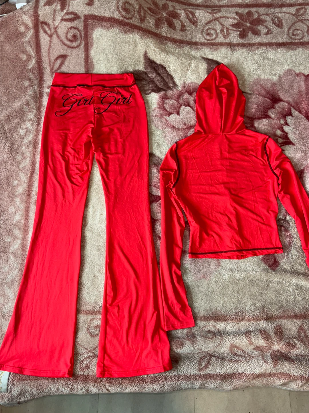 Red "Girl" Tracksuit Set - Hoodie & Bell Bottom Pants S - photo 4